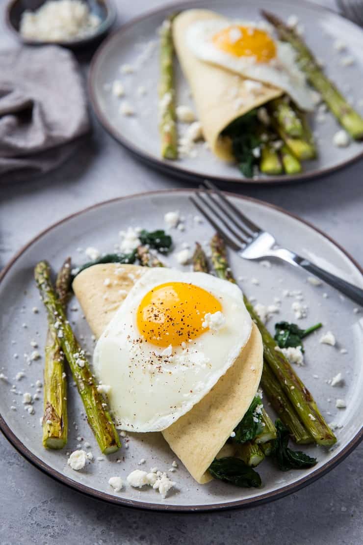 Savory Grain-Free Crepes with Roasted Asparagus, Spinach, and Feta