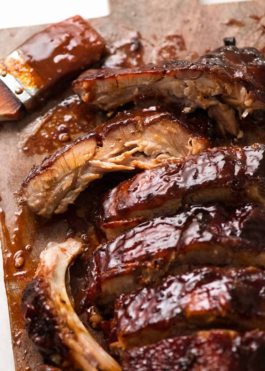 Close up of Barbecue Pork Ribs recipe cooked in Oven with sticky barbecue sauce